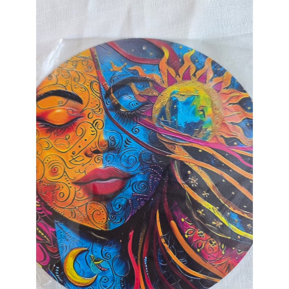 Celestial Sun and Moon Metal Wall Art Sign Psychedelic Day Night Decor Round Tin